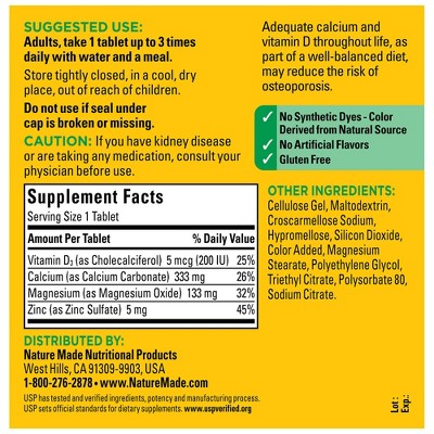 Nature Made Calcium Magnesium Zinc with Vitamin D3, Calcium Supplement for Bone Support, USP Verified - 300 Tablets
