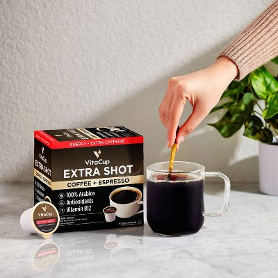 VitaCup Extra Shot Coffee Pods w/Espresso shot for High Caffeine - 32ct: Compatible With Keurig, Arabica Beans, Dark Roast