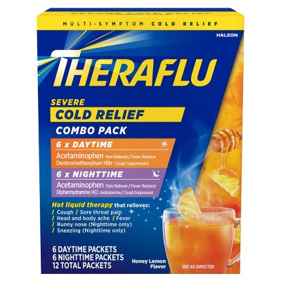 Theraflu Multi-Symptom Severe Cold Relief Day & Night Powder - Honey Lemon​ - 12ct: Contains 650mg Acetaminophen