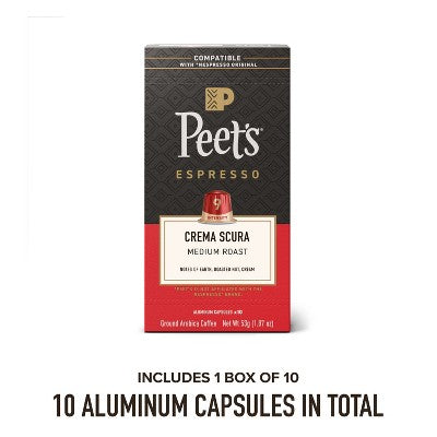 Peet's Coffee Espresso Crema Scura Medium Roast Nespresso Compatible Original Line Aluminum Coffee Capsules - 10ct