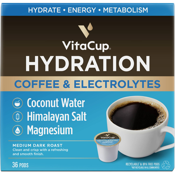 VitaCup Hydration Coffee Pods w/ Electrolytes & Magnesium Medium Roast Coffee - 36ct