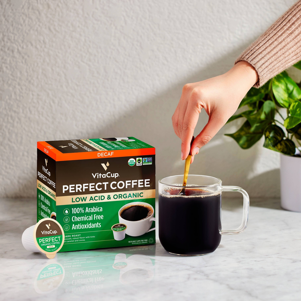 VitaCup Organic Decaf Perfect Dark Roast Low Acid Coffee Pod - 32ct