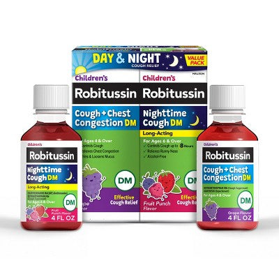 Children's Robitussin Day/Night Cough & Chest Congestion DM: 2-Pack Kids Liquid Medicine, 4 fl oz Each, Dextromethorphan