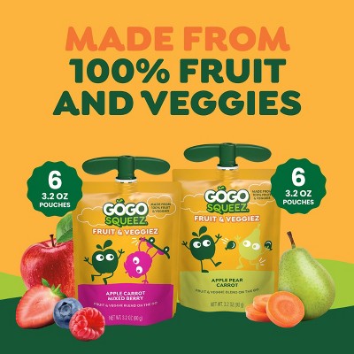 GoGo SqueeZ Fruit & VeggieZ No Sugar Added Applesauce and Puree Apple Pear Carrot and Apple Carrot Mixed Berry Variety Pack - 3.2oz/12ct