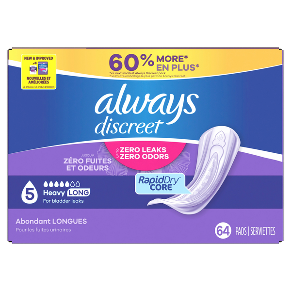 Always Discreet Incontinence Pads for Women, Heavy Absorbency, 64 Ct
