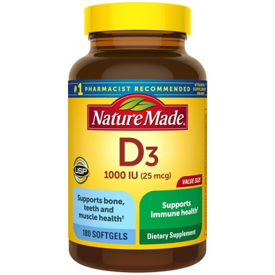 Nature Made Vitamin D3 1000 IU (25 mcg), Bone Health and Immune Support Softgels, USP Verified - 180ct