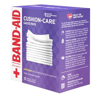 Johnson & Johnson Brand Cushion Care Gauze Pads, Small, 2 in x 2 in - 10 ct