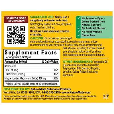 Nature Made Extra Strength Magnesium Oxide 400mg, Muscle, Nerve, Bone, Heart Support Softgels - 60ct