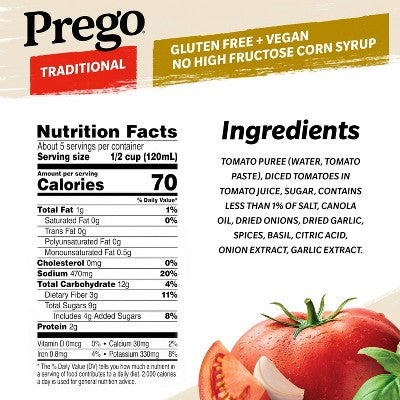 Prego Pasta Sauce Traditional Italian Tomato Sauce 24oz: Gluten-Free, No Artificial Colors, Vegan