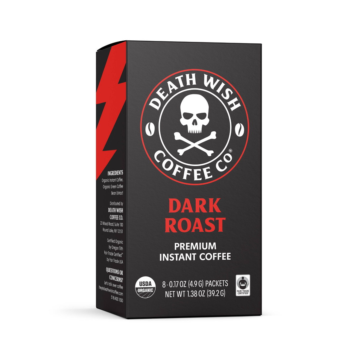 Death Wish Coffee Organic Fair Trade Strong Instant Coffee Dark Roast 8ct