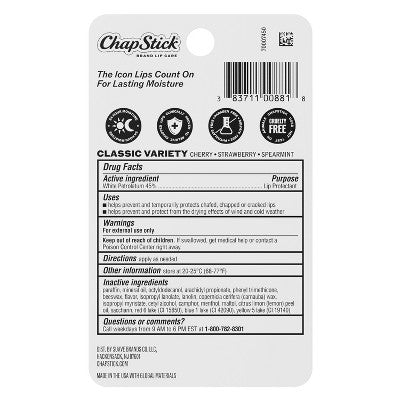 Chapstick Classic Variety Pack Lip Balm - Cherry, Strawberry, & Spearmint - 3ct/0.45oz