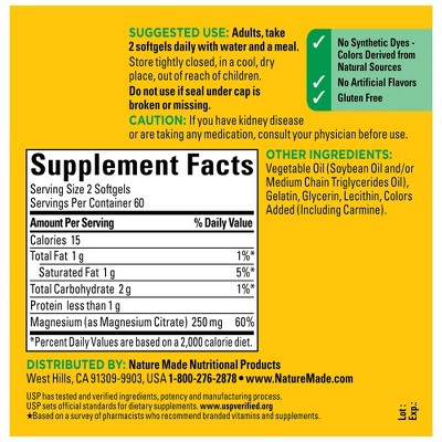 Nature Made Magnesium Citrate 250 mg per serving, Magnesium Supplement, Softgels, USP Verified - 120ct