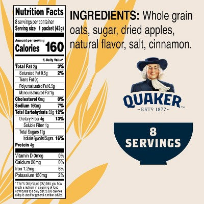 Quaker Instant Oatmeal Apple Cinnamon - 8ct/12.1oz: 100 Percent Whole Grain, No Artificial Flavors