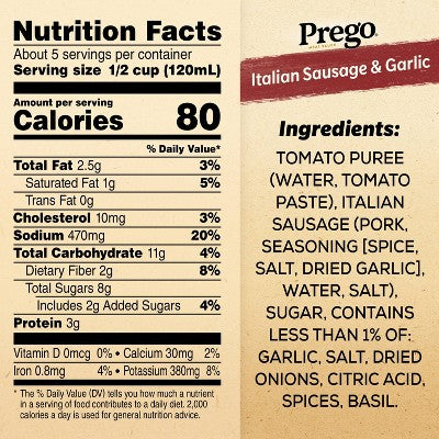 Prego Pasta Sauce Tomato Sauce with Italian Sausage & Garlic - 23.5oz: Gluten-Free, No Artificial Colors, No Artificial Flavors