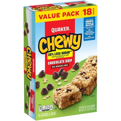 Quaker Chewy Reduced Sugar Chocolate Chip Granola Bars - 15.2oz/18ct: No Artificial Preservatives, No Artificial Flavors