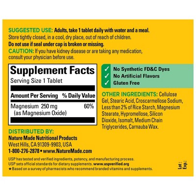 Nature Made Magnesium Oxide 250mg Muscle, Nerve, Bone & Heart Support Supplement Tablets - Gluten-Free, 200ct