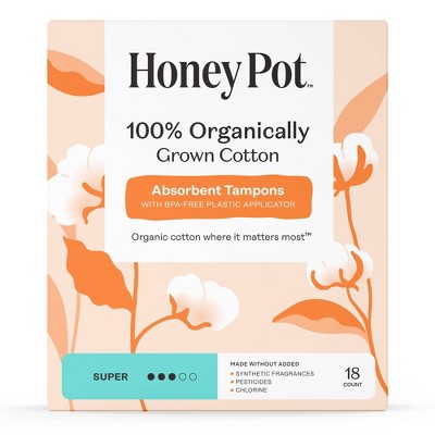 Honey Pot 100% Organically Grown Cotton Tampons - Super absorbency - 18 ct