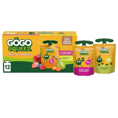 GoGo SqueeZ Fruit & VeggieZ No Sugar Added Applesauce and Puree Apple Pear Carrot and Apple Carrot Mixed Berry Variety Pack - 3.2oz/12ct