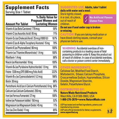 Nature Made Prenatal Multivitamin with Folic Acid, Prenatal Vitamin & Mineral Supplement Tablet, USP Verified - 250ct