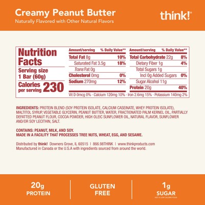 think! Creamy Peanut Butter High Protein Bars - 20g Protein - 10.5oz/5ct: Certified Gluten-Free, Whey Protein Isolate
