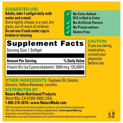 Nature Made Extra Strength Vitamin B12 3000 mcg, Energy Metabolism Support, B12 Vitamin Softgels, USP Verified - 60ct