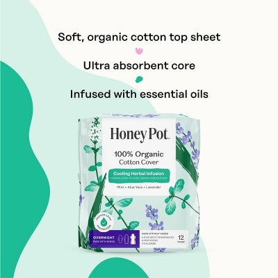 Honey Pot 100% Organic Cotton Cover Cooling Herbal Infusion Overnight Pads - 12 ct