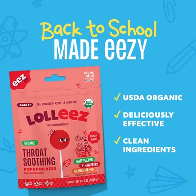 Lolleez by EEZ Co. Organic Throat Soothing Pops - Watermelon, Strawberry & Orange Mango - 15ct: Gluten-Free, Pectin