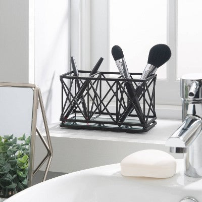 Three Compartment Cosmetic Brush and Pencil Organizer Matte Black - Home Details: Steel Vanity Storage, Spot Clean