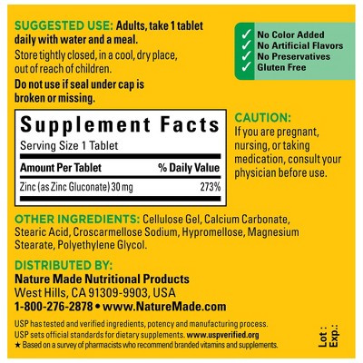 Nature Made Zinc 30 mg Tablets, Zinc Supplements for Antioxidant and Immune Support, USP Verified - 100ct