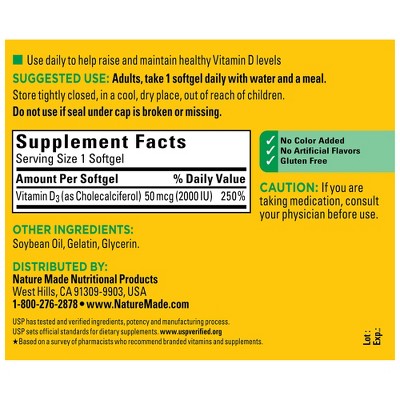 Nature Made Vitamin D3 2000 IU (50 mcg), Bone Health and Immune Support Softgels