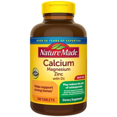 Nature Made Calcium Magnesium Zinc with Vitamin D3, Calcium Supplement for Bone Support, USP Verified - 300 Tablets