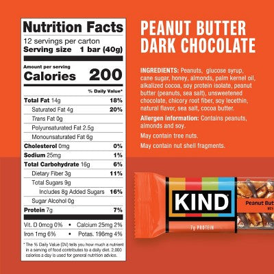 KIND Protein Bars Peanut Butter Dark Chocolate + Protein Nutrition Snacks - 16.8oz/12ct: Cholesterol Free, Gluten-Free