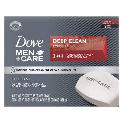 Dove Men+Care 3-in-1 Deep Clean Hand & Body + Face + Exfoliation Bar Soap - 3.75oz/8pk