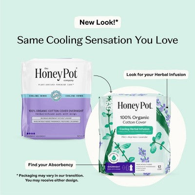 Honey Pot 100% Organic Cotton Cover Cooling Herbal Infusion Overnight Pads - 12 ct