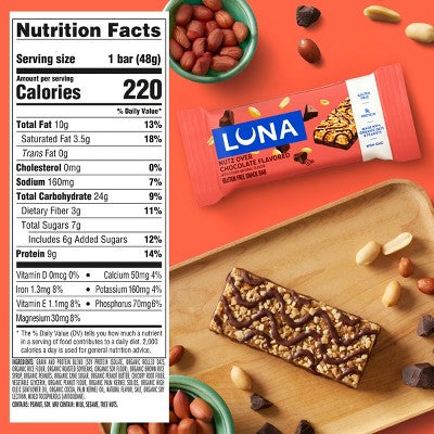 LUNA Bar Nutz Over Chocolate Granola Bar Made with Organic Oats - 9g Protein - 10.14oz/6pk