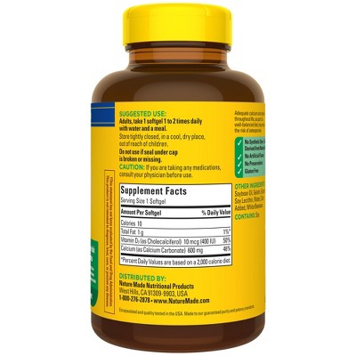 Nature Made Calcium 600mg Softgels with Vitamin D3 for Bone Support - 100ct