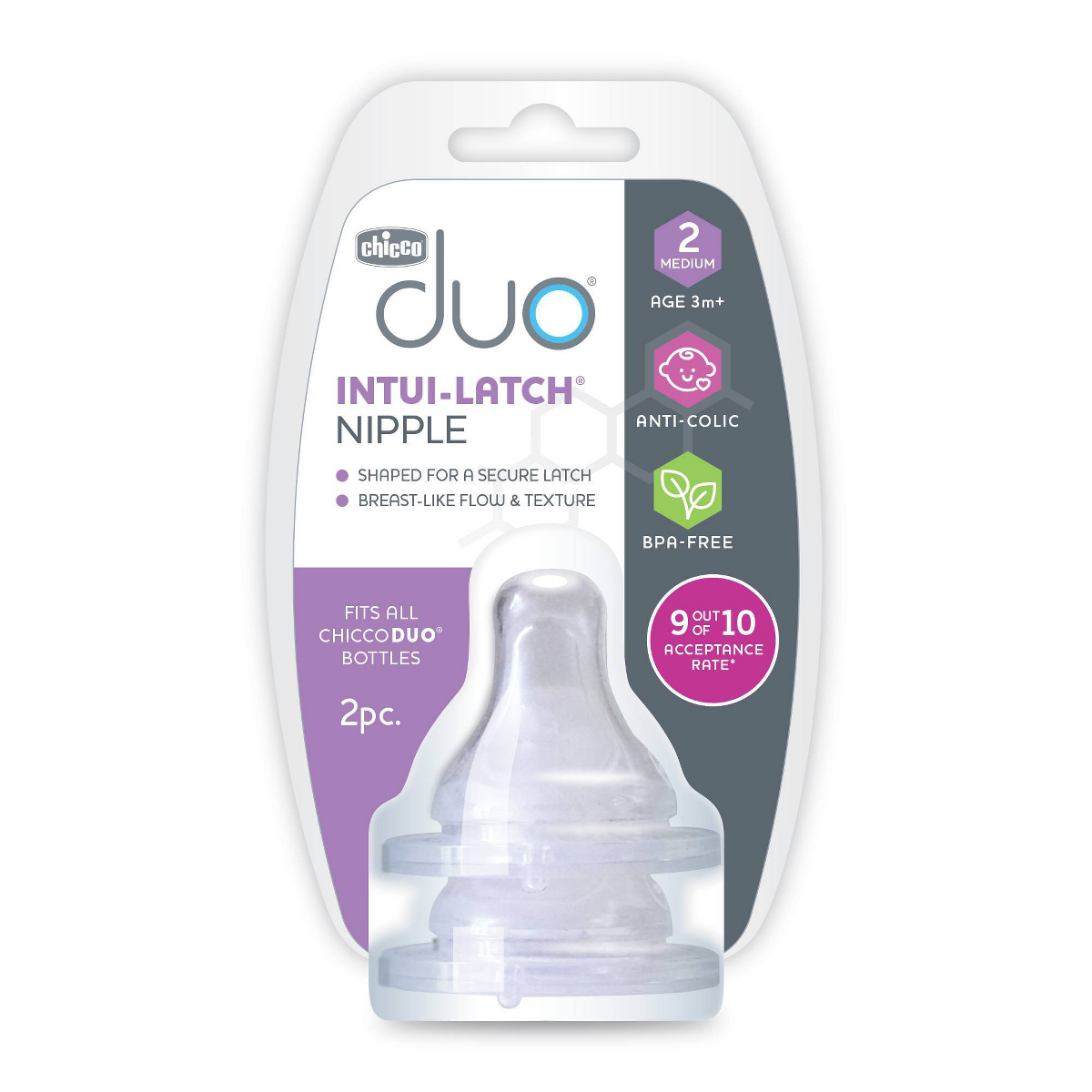 Chicco Duo Bottle Nipples Stage 2 Medium Flow (3 Months+), 2pk