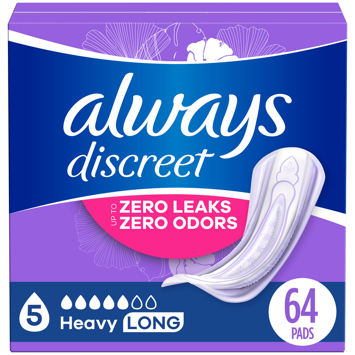 Always Discreet Incontinence Pads - Heavy Absorbency, 64ct