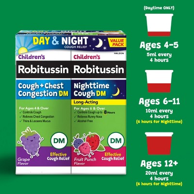 Children's Robitussin Day/Night Cough & Chest Congestion DM: 2-Pack Kids Liquid Medicine, 4 fl oz Each, Dextromethorphan