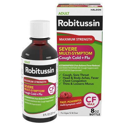 Robitussin Maximum Strength Multi-Symptom Cold Relief Liquid - Dextromethorphan - 8 fl oz: Contains Expectorant, 1-Pack, Unflavored