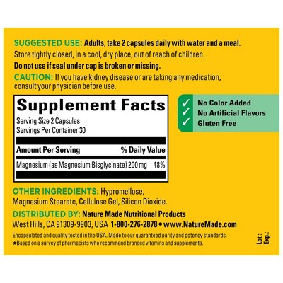 Nature Made High Absorption Magnesium Glycinate 200 mg per serving, Magnesium Supplement Capsules - 60ct