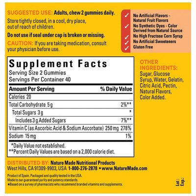 Nature Made Vitamin C 250 mg Per Serving for Immune Support Gummies - Tangerine Flavored - 80ct