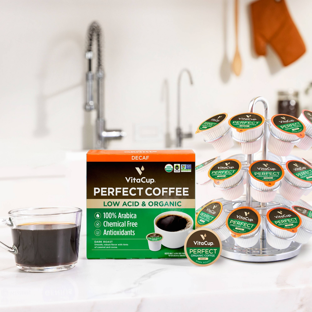 VitaCup Organic Decaf Perfect Dark Roast Low Acid Coffee Pod - 32ct