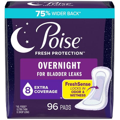 Poise Incontinence Bladder Control & Postpartum Pads for Women - Extra Coverage - Overnight Absorbency (8 Drop)
