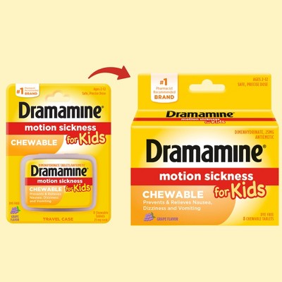 Dramamine Kids Chewable Motion Sickness Relief Tablets for Nausea, Dizziness & Vomiting - Grape - 8ct