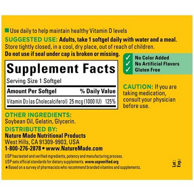 Nature Made Vitamin D3 1000 IU (25 mcg), Bone Health and Immune Support Softgels, USP Verified - 180ct