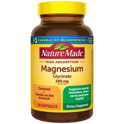 Nature Made High Absorption Magnesium Glycinate 200 mg per serving, Magnesium Supplement Capsules - 60ct