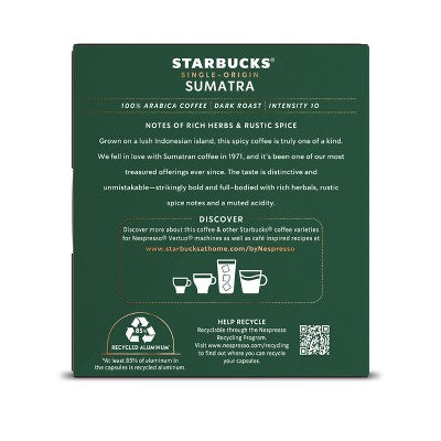 Starbucks by Nespresso Vertuo Line Pods Dark Roast Coffee Single-Origin Sumatra - 8ct: Arabica Beans, Herb Flavor