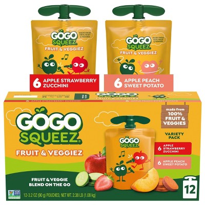 GoGo SqueeZ Fruit & VeggieZ No Sugar Added Applesauce and Puree Pedal Peach and Speedy Strawberry Variety Pack - 3.2oz/12ct: Certified Gluten-Free