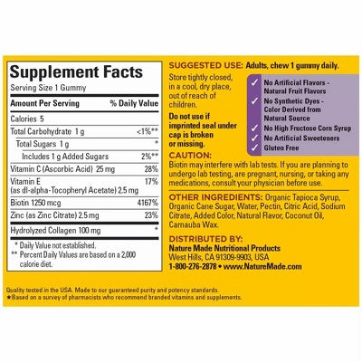 Nature Made Hydrolyzed Collagen Supplement Gummies with Vitamin C, Biotin & Zinc - 60ct